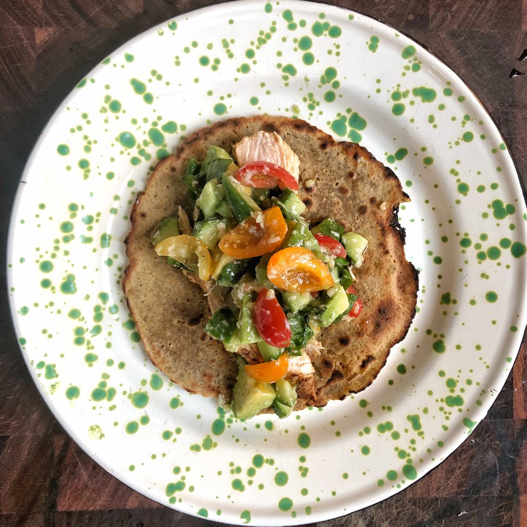 Gluten Free Roasted Chicken with Avocado Salsa on a Gluten Free Tortilla