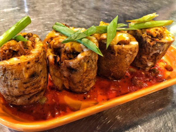 Gluten Free Cajun Spiced Chicken Stuffed Potato Skins w/ Smoked Tomato Sauce