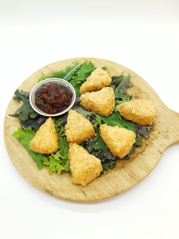 Gluten Free Fried Brie With Cassava Chip Crust and Ligonberry conserve